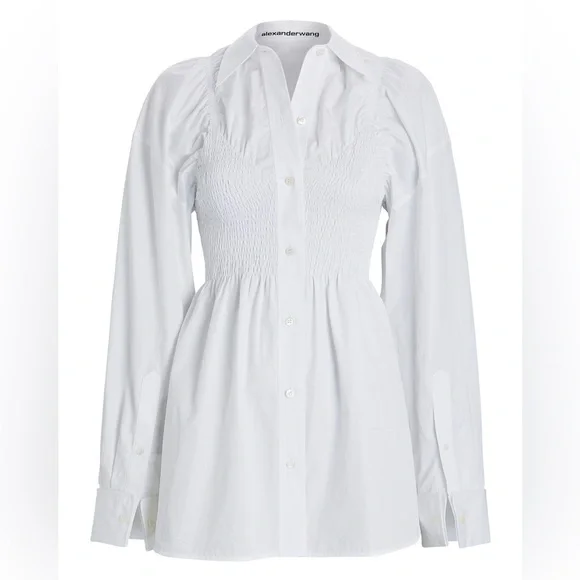 NWT Alexander Wang Long Sleeve Smocked Cami Oversize Poplin Cotton Shirt Dress S - Picture 4 of 15